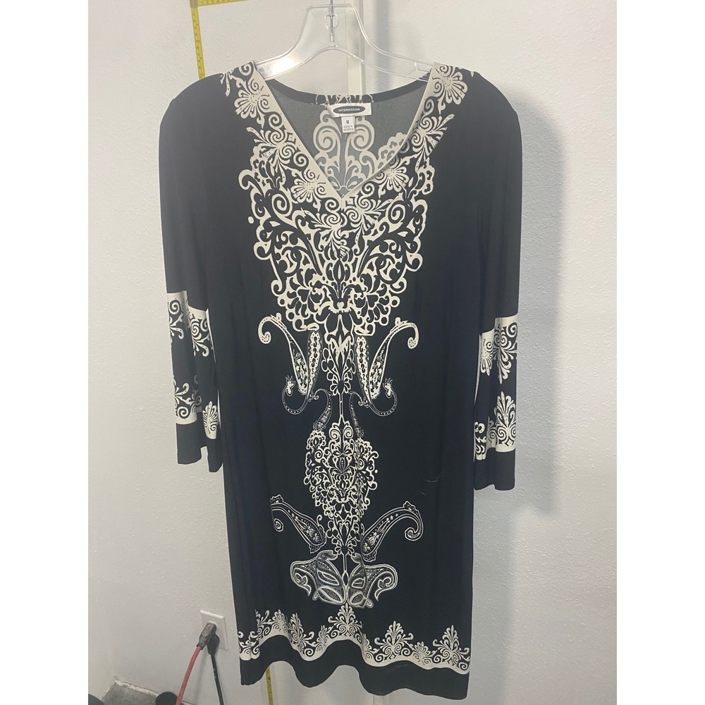 Intermission Womens Black White Damask Paisley V-Neck 3/4 Sleeve‎ Shift Dress 8